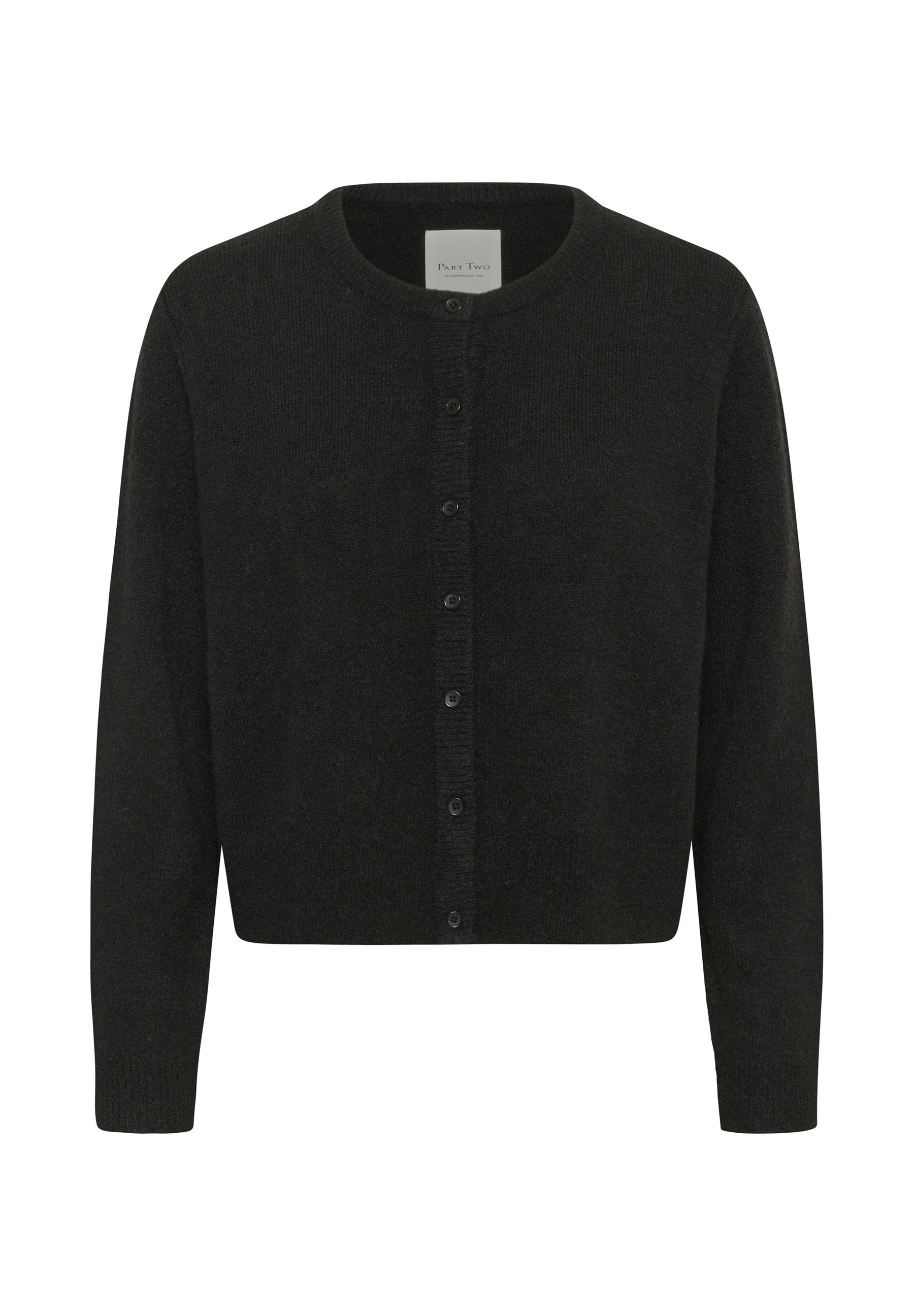 Schwarze Strickjacke mit Knöpfen, langen Ärmeln und rundem Halsausschnitt, etikettiert mit "Part Two".