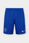 Blaue Sportshorts mit Paris Saint-Germain-Logo am linken Bein, weißem Nike-Swoosh am rechten Bein und roten und weißen Streifen an den Seitennähten.