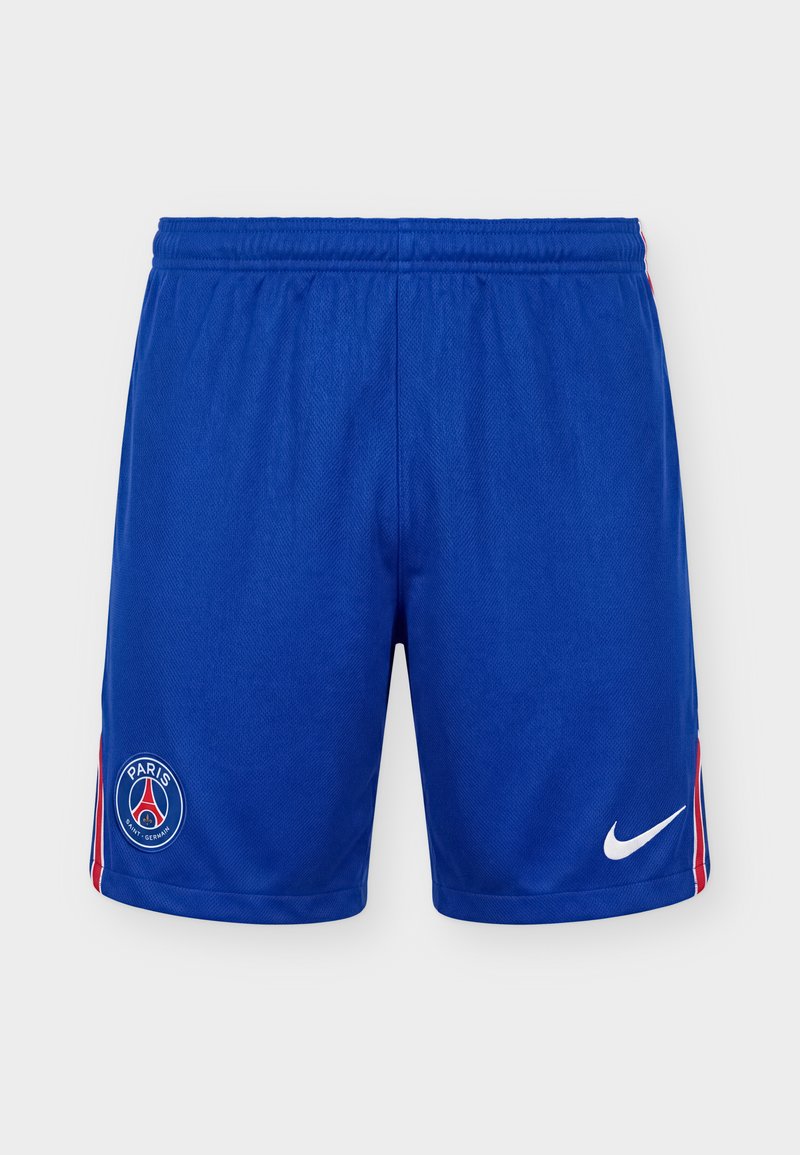 Blaue Sportshorts mit Paris Saint-Germain-Logo am linken Bein, weißem Nike-Swoosh am rechten Bein und roten und weißen Streifen an den Seitennähten.