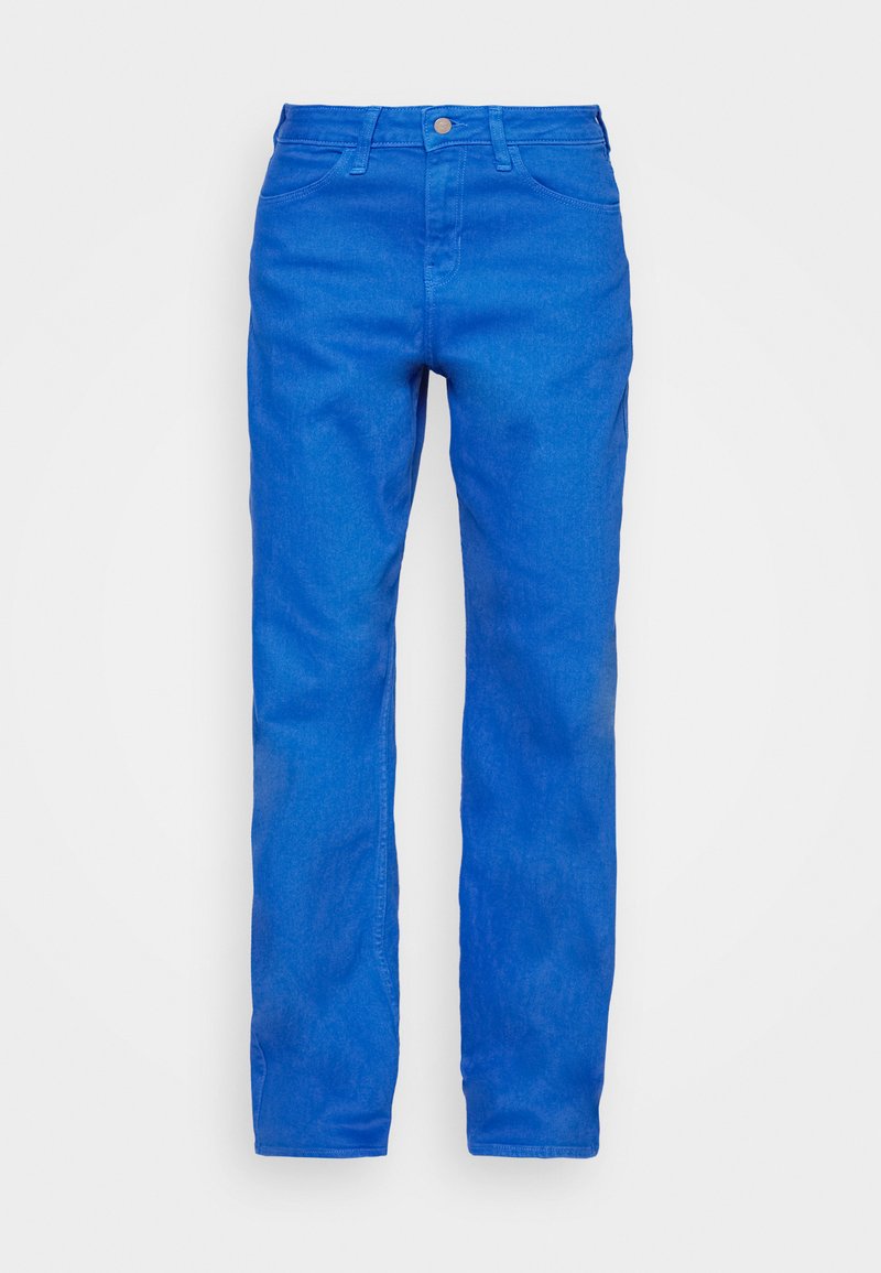 Blaue Jeans aus Denim mit geradem Bein, ausgestattet mit einem Frontknopfverschluss, Gürtelschlaufen und einem Fünf-Taschen-Design. Glatte Textur, keine Muster.