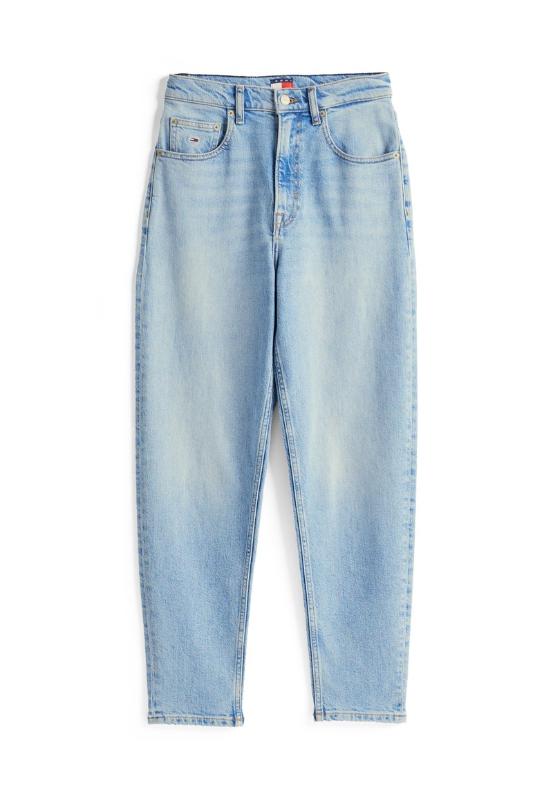Hellblaue Jeans aus Denim mit geradem Schnitt, Fünf-Taschen-Design und Reißverschluss. Ausgebleichte Textur mit minimalen Nähdetails.