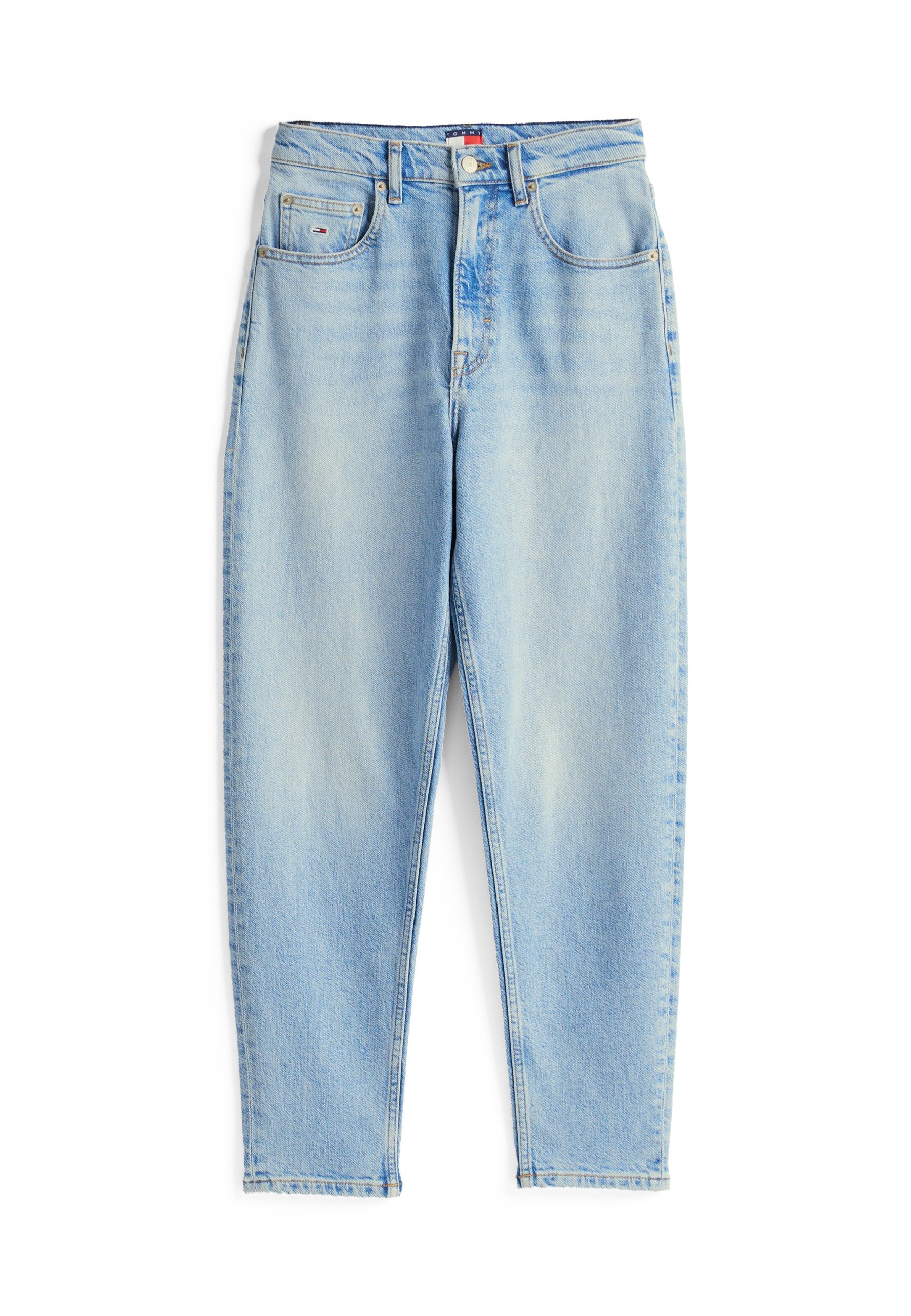 Hellblaue Jeans aus Denim mit geradem Schnitt, Fünf-Taschen-Design und Reißverschluss. Ausgebleichte Textur mit minimalen Nähdetails.