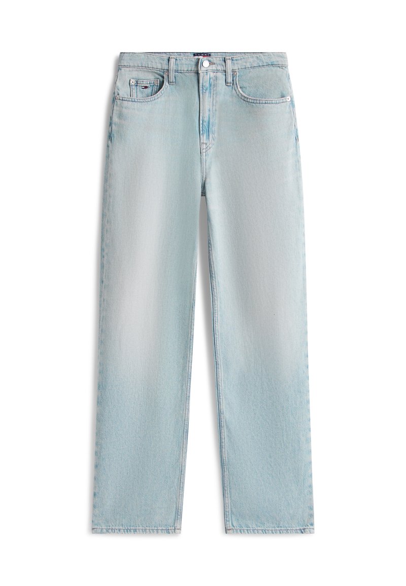 Hellblaue Jeans mit geradem Bein, klassischem Fünf-Taschen-Design und Knopfverschluss an der Taille.