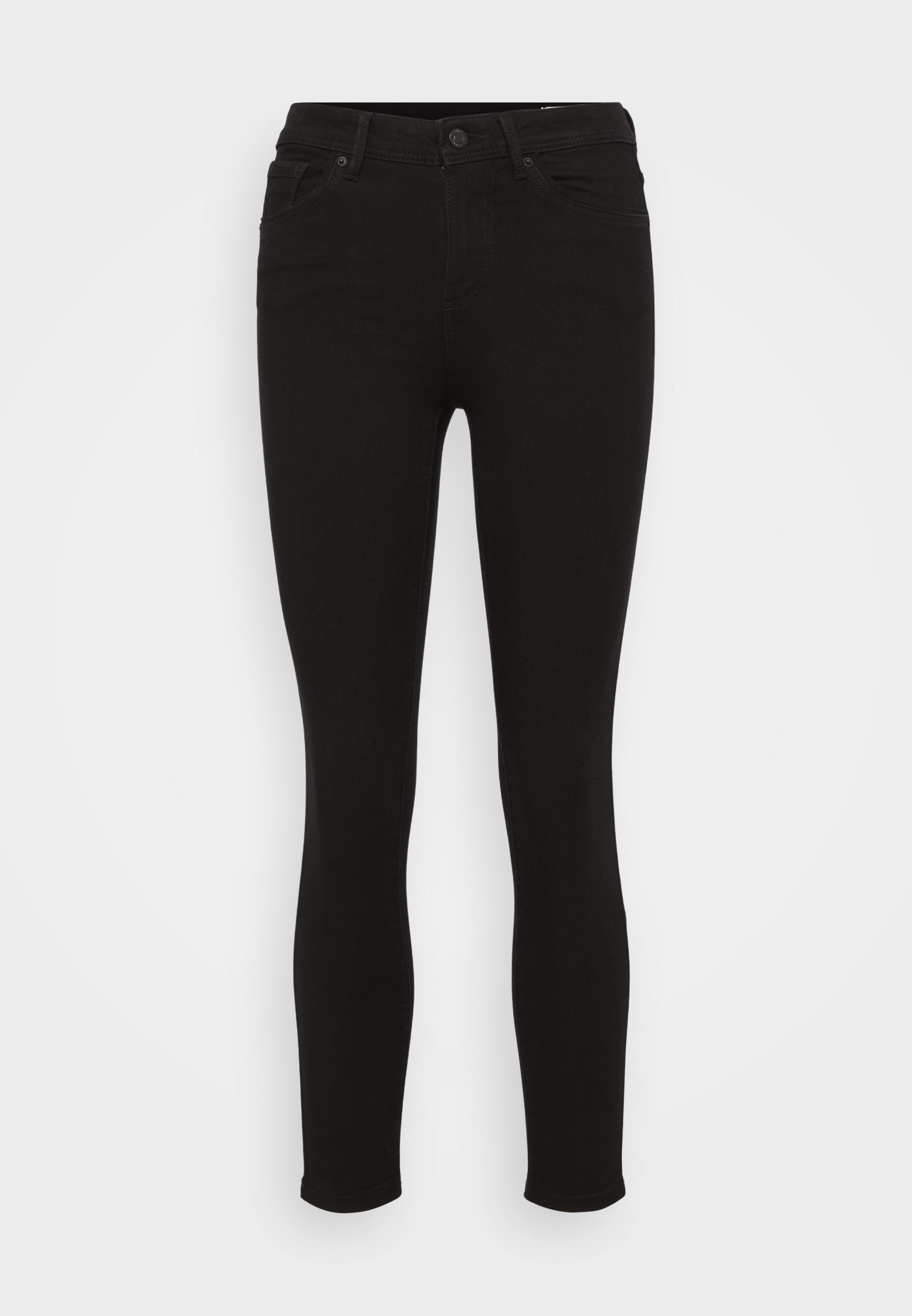 Schwarze enge Jeans mit mittelhohem Bund, aus Denimstoff gefertigt. Mit fünf Taschen, Gürtelschlaufen und einem Reißverschluss mit Knopfverschluss.