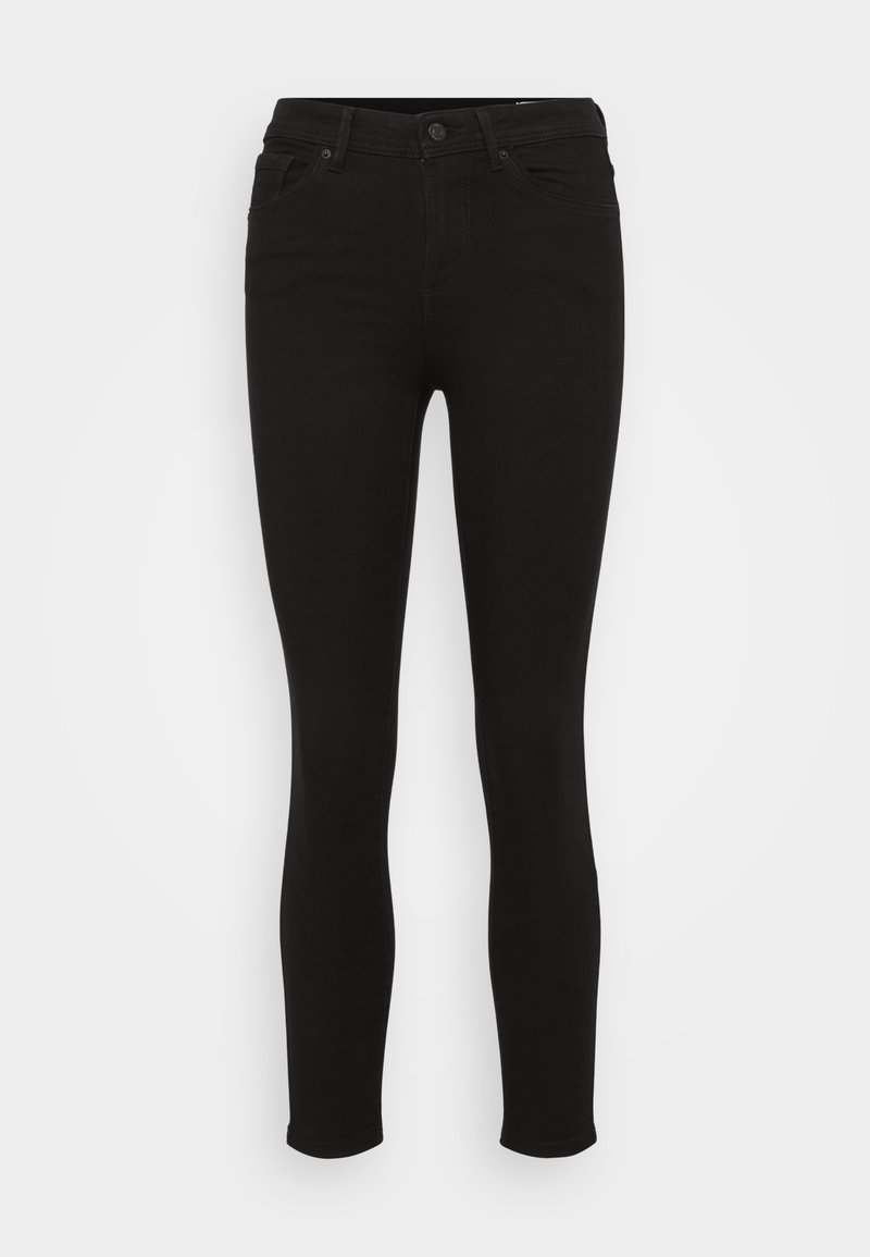 Schwarze enge Jeans mit mittelhohem Bund, aus Denimstoff gefertigt. Mit fünf Taschen, Gürtelschlaufen und einem Reißverschluss mit Knopfverschluss.