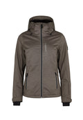 Braune, wasserdichte Jacke mit hohem Kragen, Reißverschluss vorne und zwei Seitentaschen. Verfügt über schwarze Akzente und eine verstellbare Kapuze.