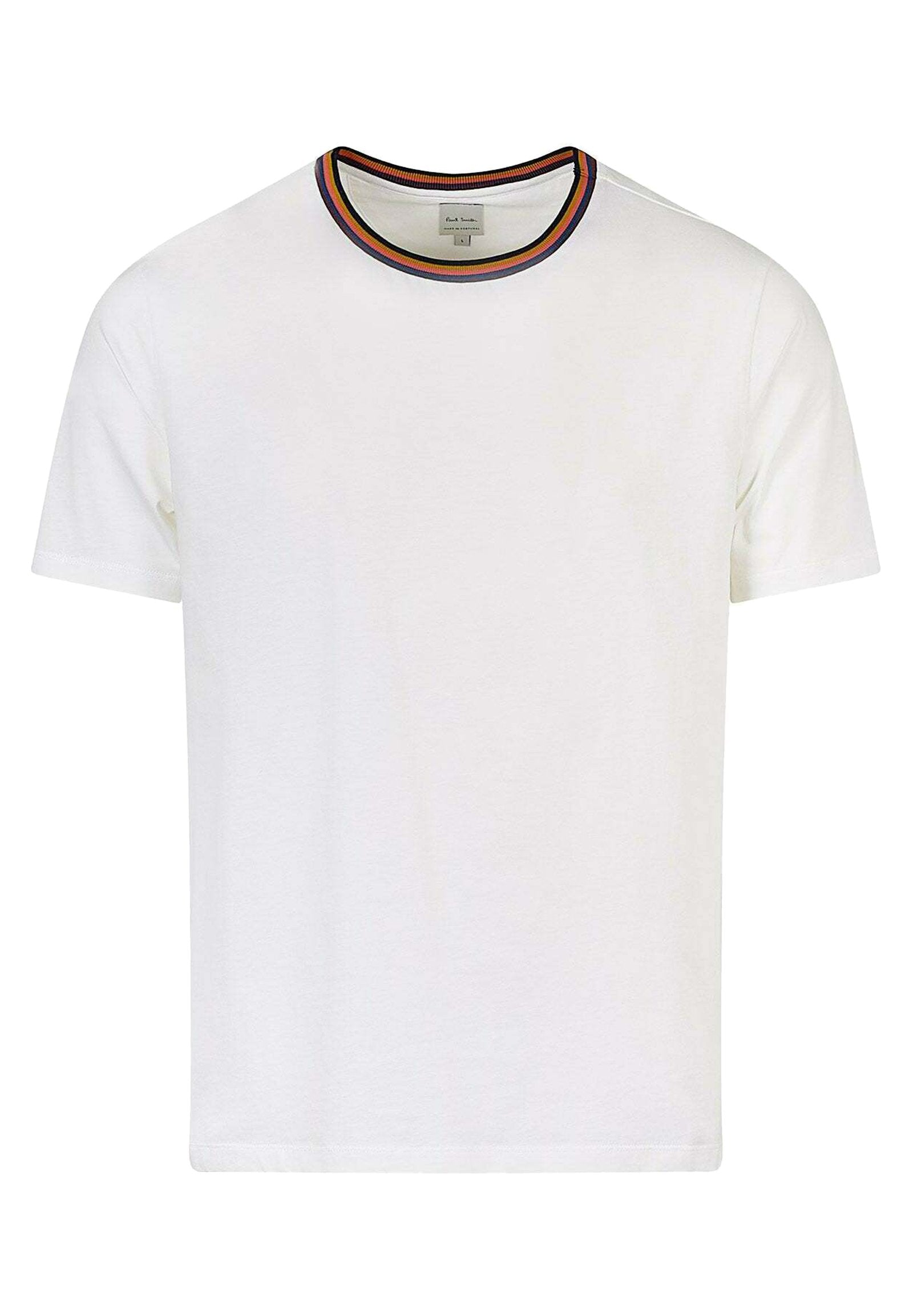 Weißes Baumwoll-T-Shirt mit rundem Ausschnitt und buntem gestreiften Akzent. Kurze Ärmel und gerader Saum, mit einer leichten Textur.