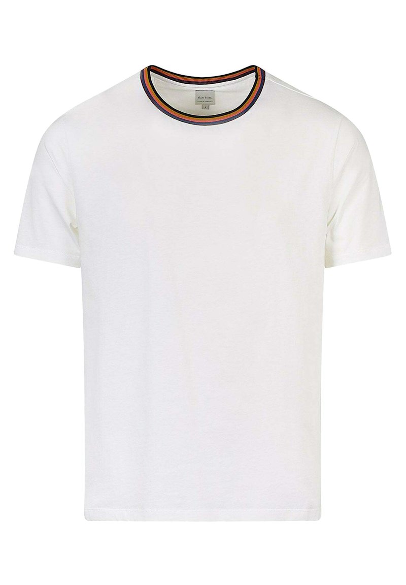 Weißes Baumwoll-T-Shirt mit rundem Ausschnitt und buntem gestreiften Akzent. Kurze Ärmel und gerader Saum, mit einer leichten Textur.