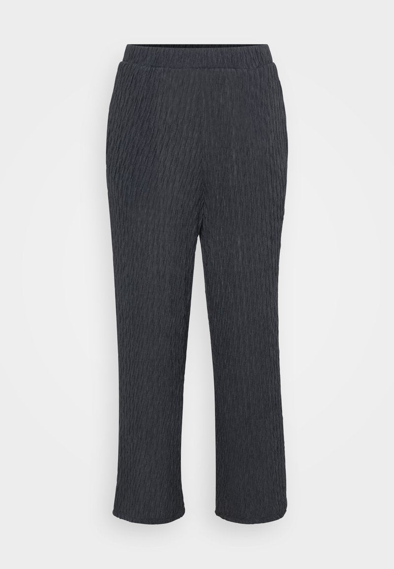 Dunkelgraue Hosen mit einem strukturierten, gerippten Design, ausgestattet mit einem elastischen Bund und schmal zulaufenden Beinen. Hergestellt aus leichtem, weichem Material.