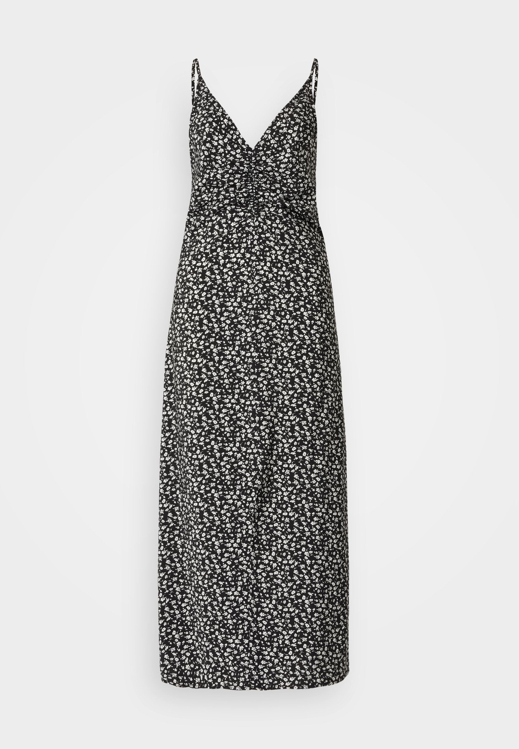 Schwarzes Maxikleid mit weißem Blumenmuster, V-Ausschnitt, schmalen Trägern und gerafftem Oberteil. Leichter Stoff mit glatter Textur.