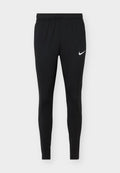 Schwarze, schmal geschnittene Sporthose mit elastischem Bund und weißem Nike-Swoosh-Logo am rechten Oberschenkel, dargestellt auf einfarbigem Hintergrund.