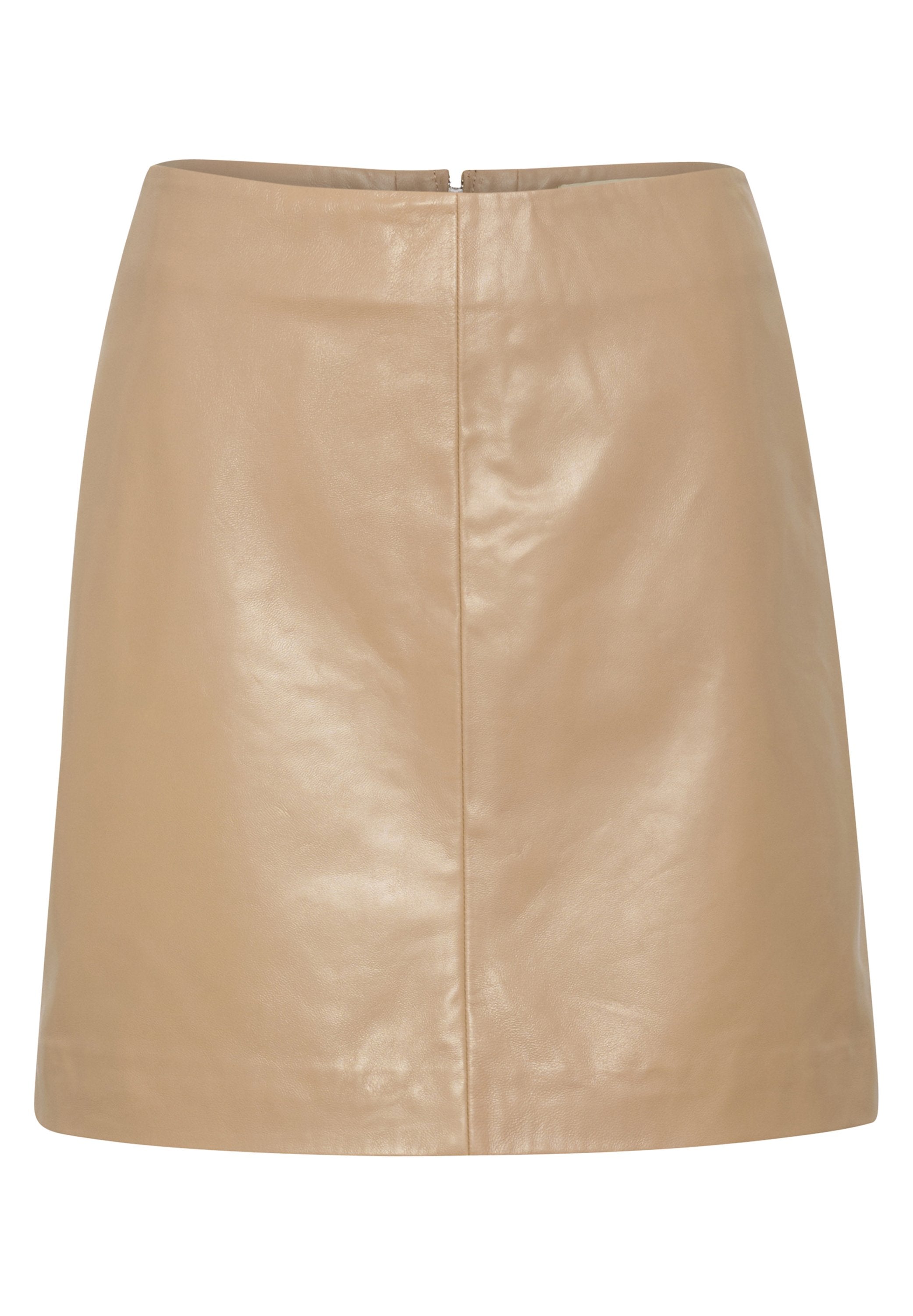 Beige Leder-Minirock mit glatter Textur, einfacher Silhouette, Reißverschluss auf der Rückseite und minimalen Nähten.