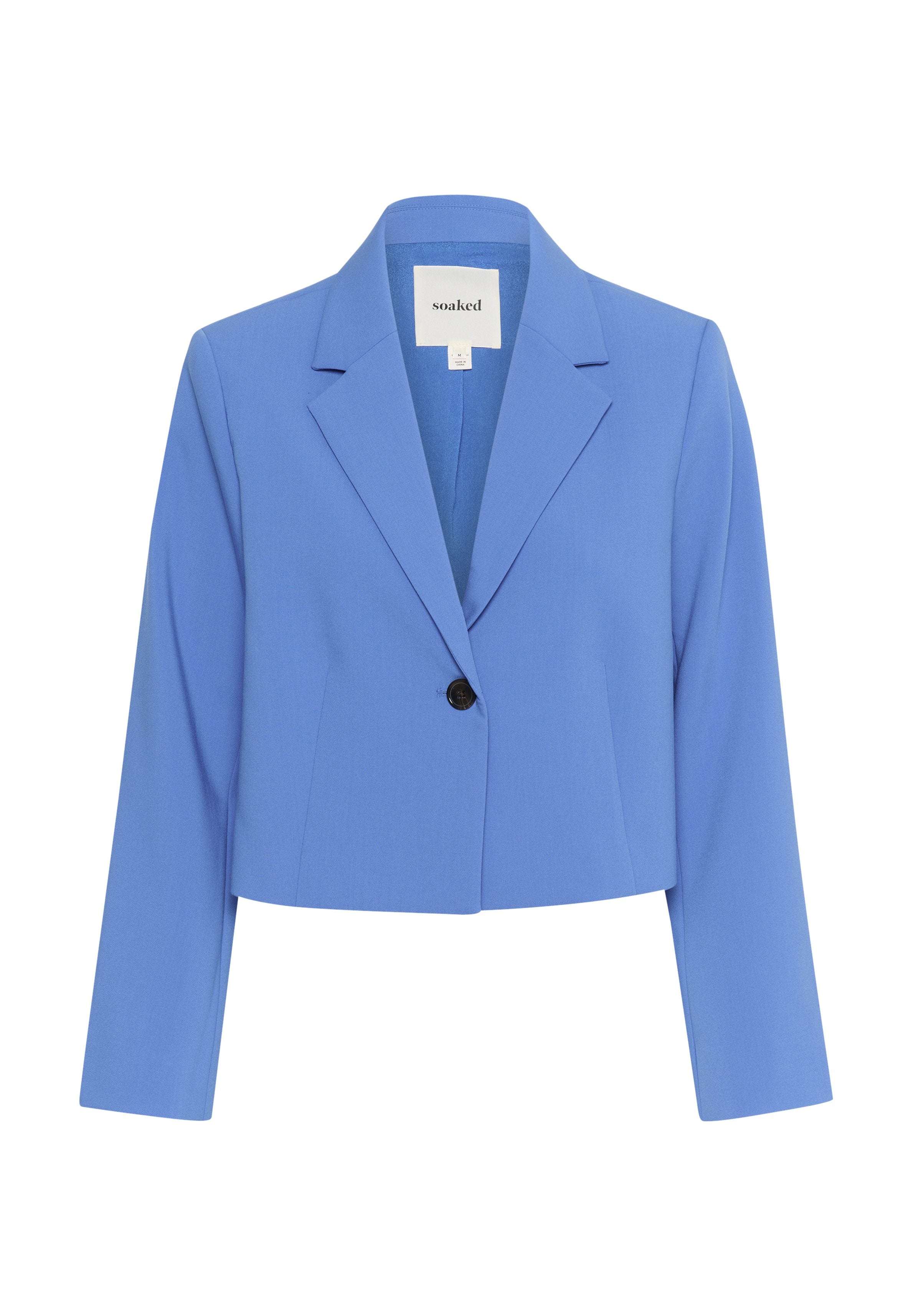 Taillierter blauer Blazer aus glattem Stoff, mit Reverskragen, einfacher schwarzer Knopfverschluss und langen Ärmeln.
