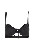 Schwarzes Bikini-Oberteil mit verstellbaren Trägern, gerafftem Stoff und einem vorderen Bindedetail. Verfügt über einen kleinen metallischen Verschluss auf der Rückseite.