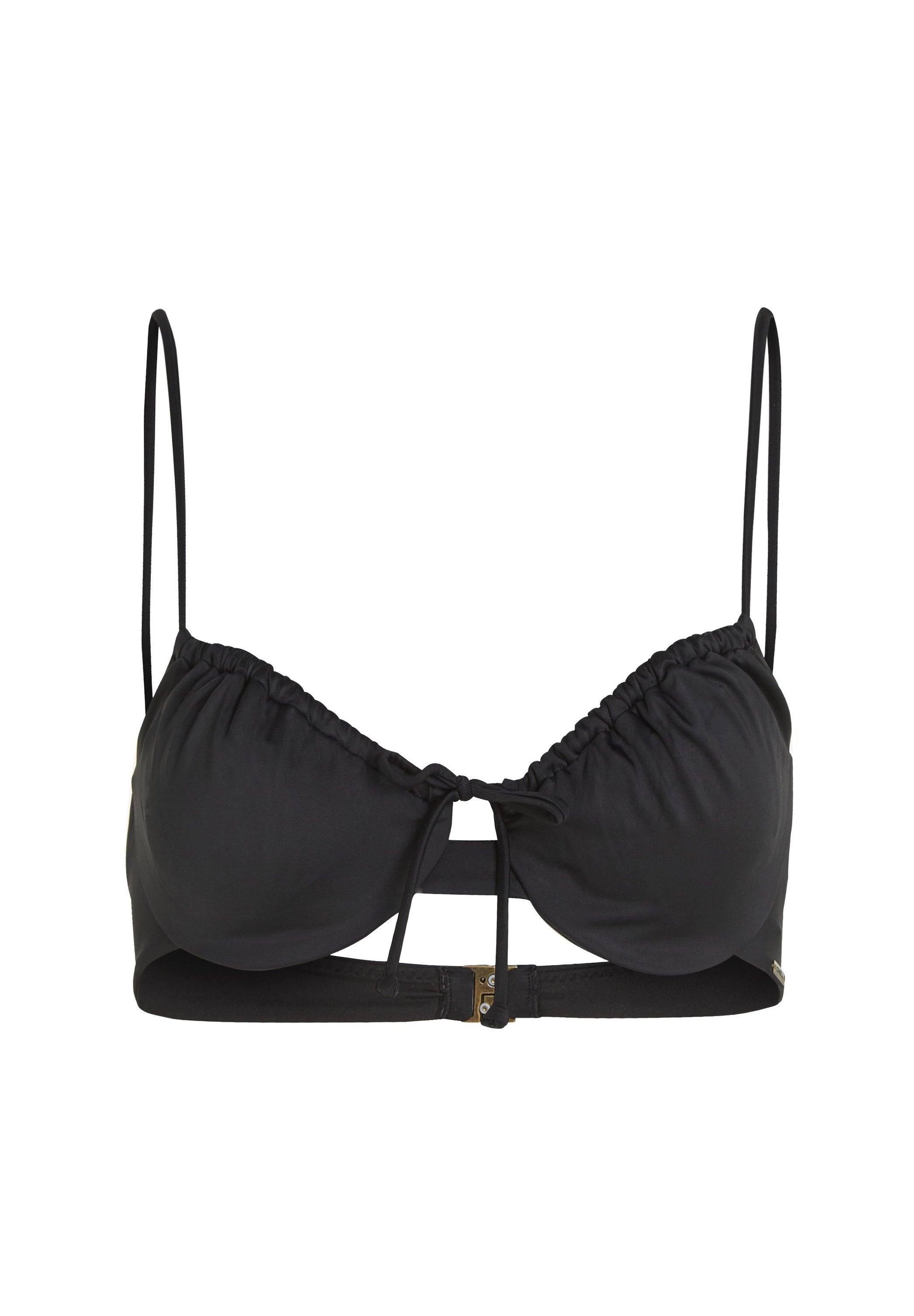 Schwarzes Bikini-Oberteil mit verstellbaren Trägern, gerafftem Stoff und einem vorderen Bindedetail. Verfügt über einen kleinen metallischen Verschluss auf der Rückseite.