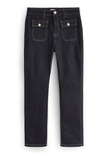 Dunkelblaue Jeans aus Denim mit geradem Schnitt, Vorder- und Rückentaschen mit kontrastierender Naht und Metallknopf-Details.