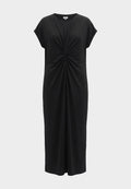 Schwarzes Midi-Kleid mit kurzen Ärmeln und einem zentralen Drehknoten-Detail, das vorne weiche Drapierungen erzeugt.