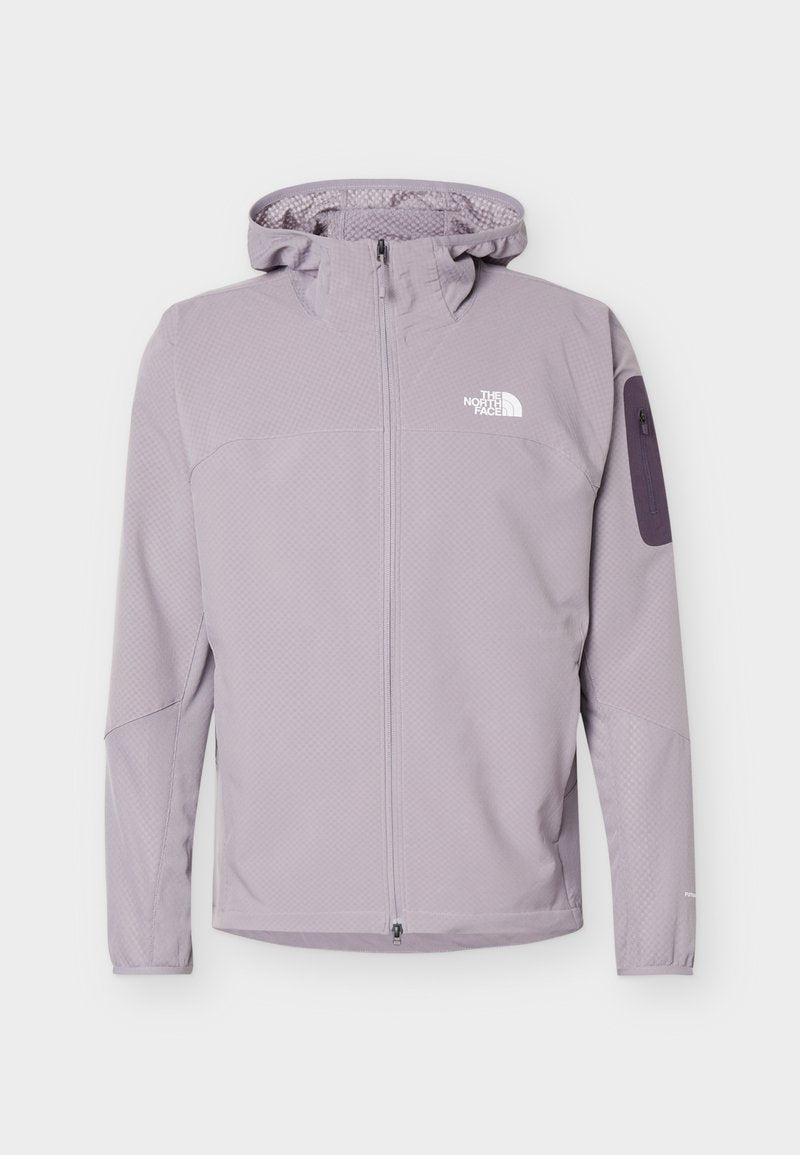 Hellviolette Kapuzenjacke mit Reißverschluss vorne, Reißverschlusstasche am linken Ärmel und weißem The North Face-Logo auf der Brust.