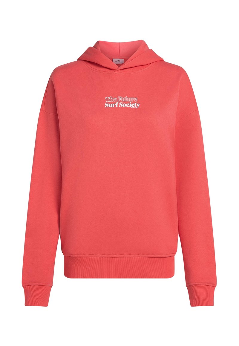 Korallenfarbener Hoodie mit lockerer Passform, ausgestattet mit einer Kängurutasche und gerippten Bündchen. Weißer Schriftzug "The Future Surf Society" auf der Brust.