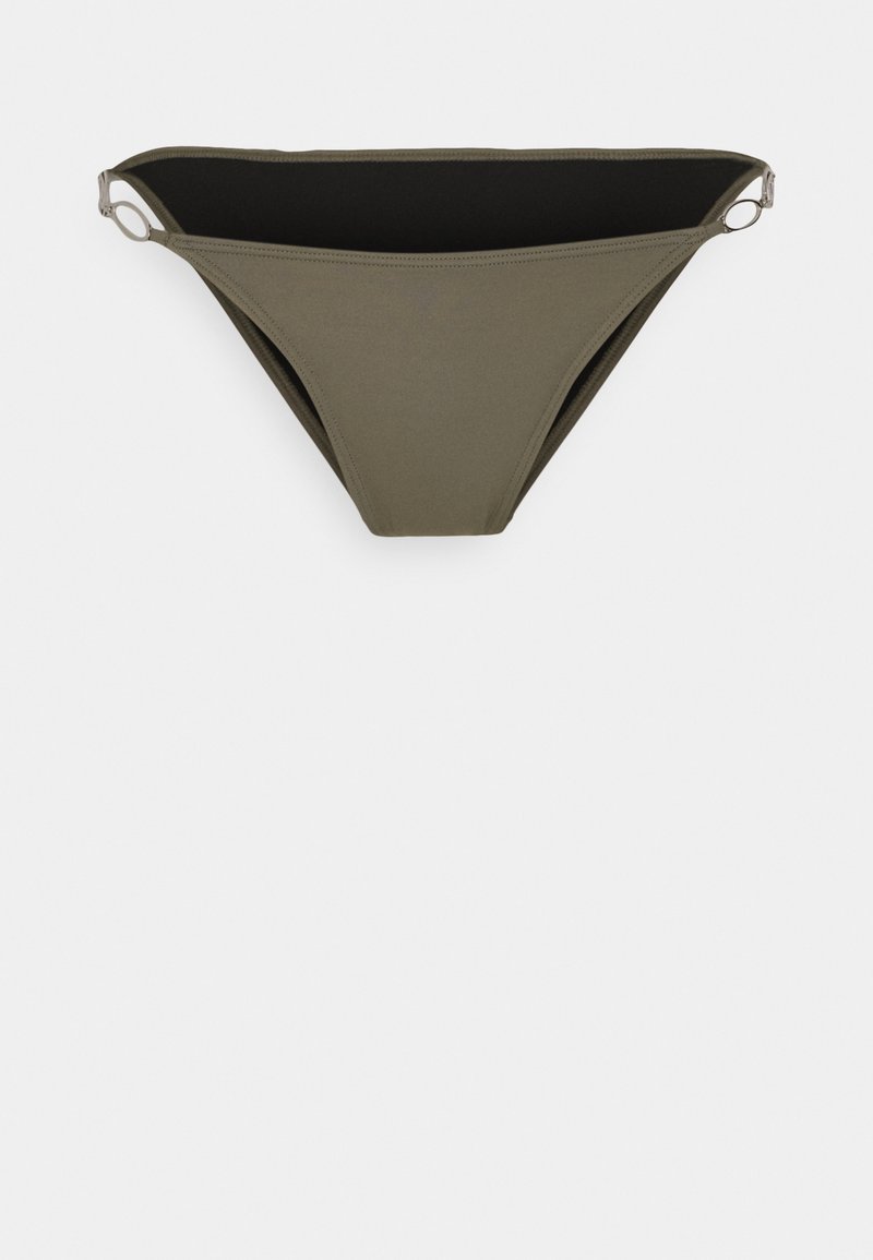 Olivgrüner Bikini-Unterteil mit glatter Textur, verstellbaren Seitenbändern und dezenten Nähten.