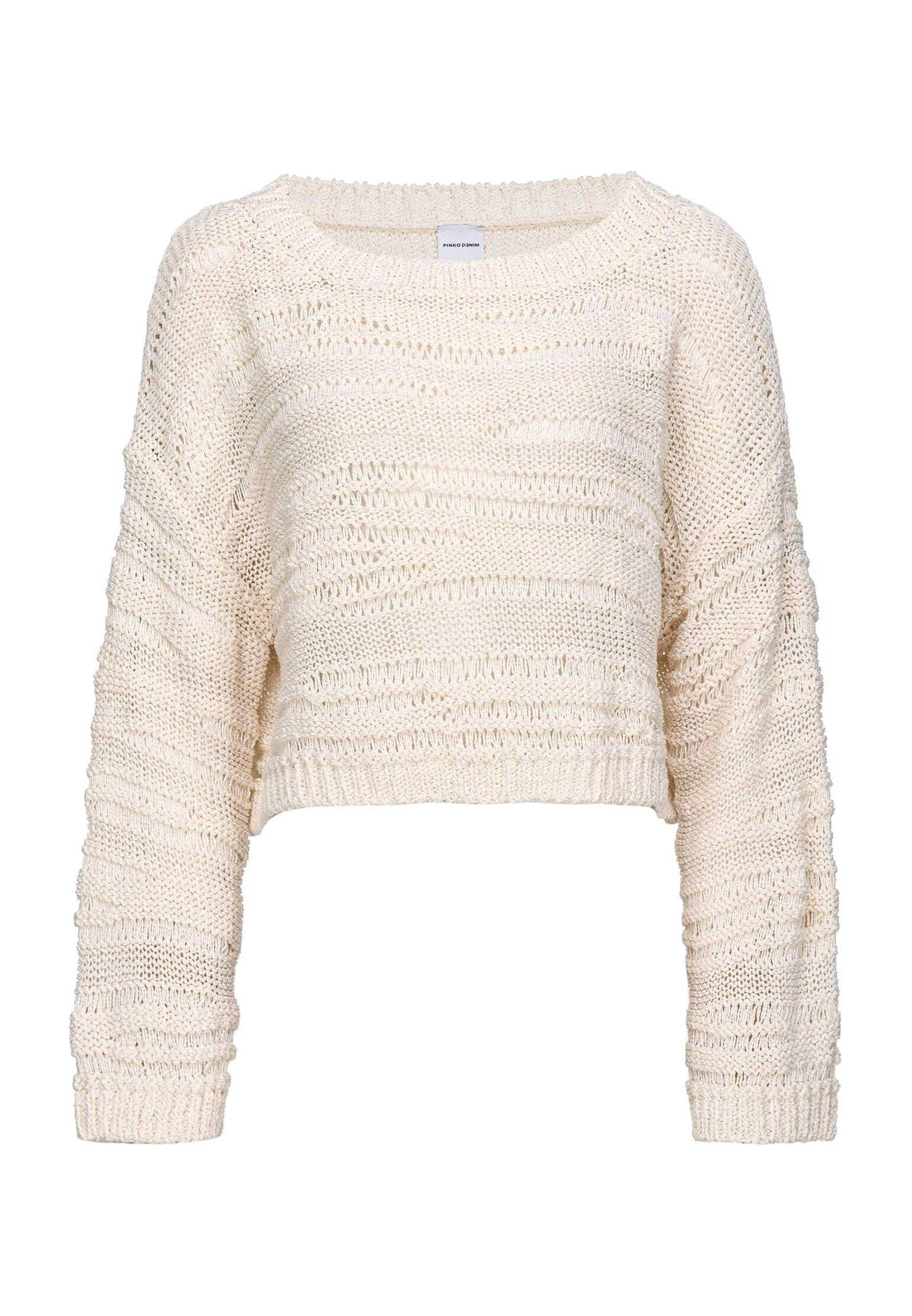 Gekürzter beiger Strickpullover mit strukturiertem Muster, rundem Ausschnitt und langen Ärmeln. Verfügt über lockere Strickmaschen und gerippte Bündchen.