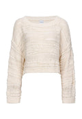Gekürzter beiger Strickpullover mit strukturiertem Muster, rundem Ausschnitt und langen Ärmeln. Verfügt über lockere Strickmaschen und gerippte Bündchen.