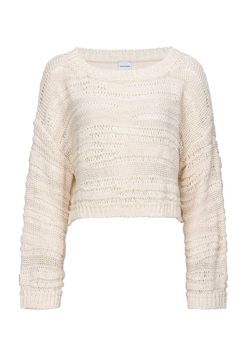 Gekürzter beiger Strickpullover mit strukturiertem Muster, rundem Ausschnitt und langen Ärmeln. Verfügt über lockere Strickmaschen und gerippte Bündchen.
