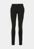 Schwarze Skinny-Jeans mit hoher Taille, ausgestattet mit einem Knopfverschluss und verwaschenen Details an der Vorderseite. Hergestellt aus Denim mit einer glatten Textur.