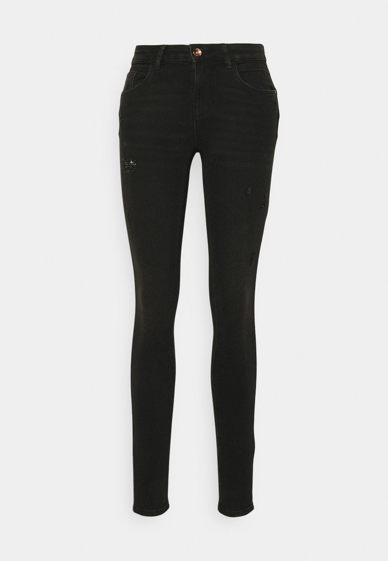 Schwarze Skinny-Jeans mit hoher Taille, ausgestattet mit einem Knopfverschluss und verwaschenen Details an der Vorderseite. Hergestellt aus Denim mit einer glatten Textur.