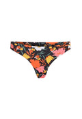 Blumiger Bikini-Unterteil mit schwarzem Hintergrund und orangen, rosa und weißen Blumen. Aus dehnbarem, leichtem Stoff gefertigt.