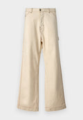 Beige weit geschnittene Hose aus Baumwolle mit einem Reißverschluss und Knopfverschluss, mit kontrastierenden Nähten und Seitentaschen.