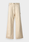 Beige weit geschnittene Hose aus Baumwolle mit einem Reißverschluss und Knopfverschluss, mit kontrastierenden Nähten und Seitentaschen.