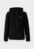 Schwarze Fleece-Hoodie mit strukturiertem Stoff, Frontreißverschluss, Seitentaschen und kleinem Logo auf der Brust. Verfügt über einen lässigen Schnitt und eine Kapuze.