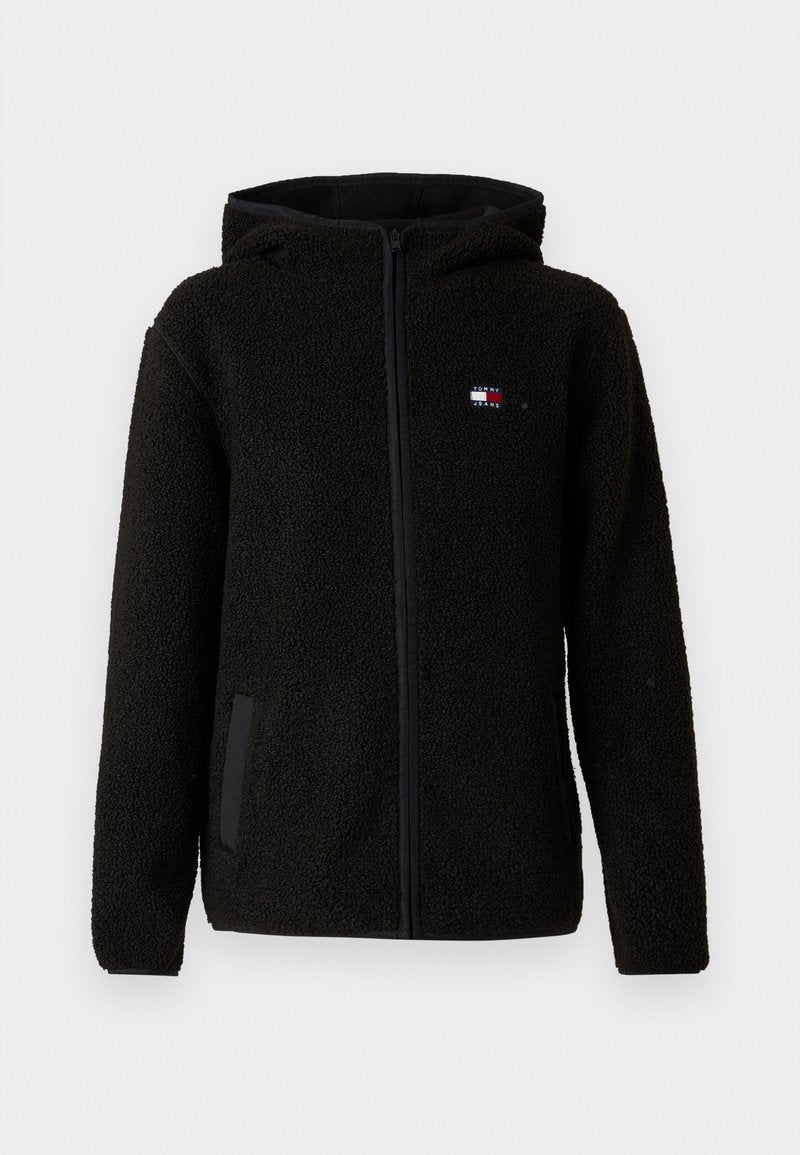 Schwarze Fleece-Hoodie mit strukturiertem Stoff, Frontreißverschluss, Seitentaschen und kleinem Logo auf der Brust. Verfügt über einen lässigen Schnitt und eine Kapuze.