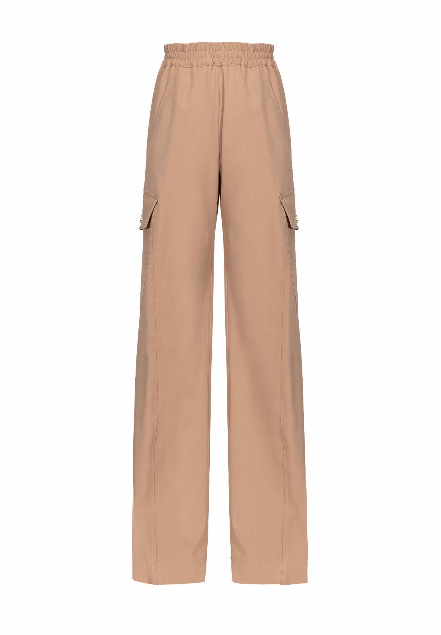Beige Cargo-Hosen mit weitem Bein, elastischem Bund, Seitentaschen und glatter Stofftextur, die für Komfort und Funktionalität entwickelt wurden.