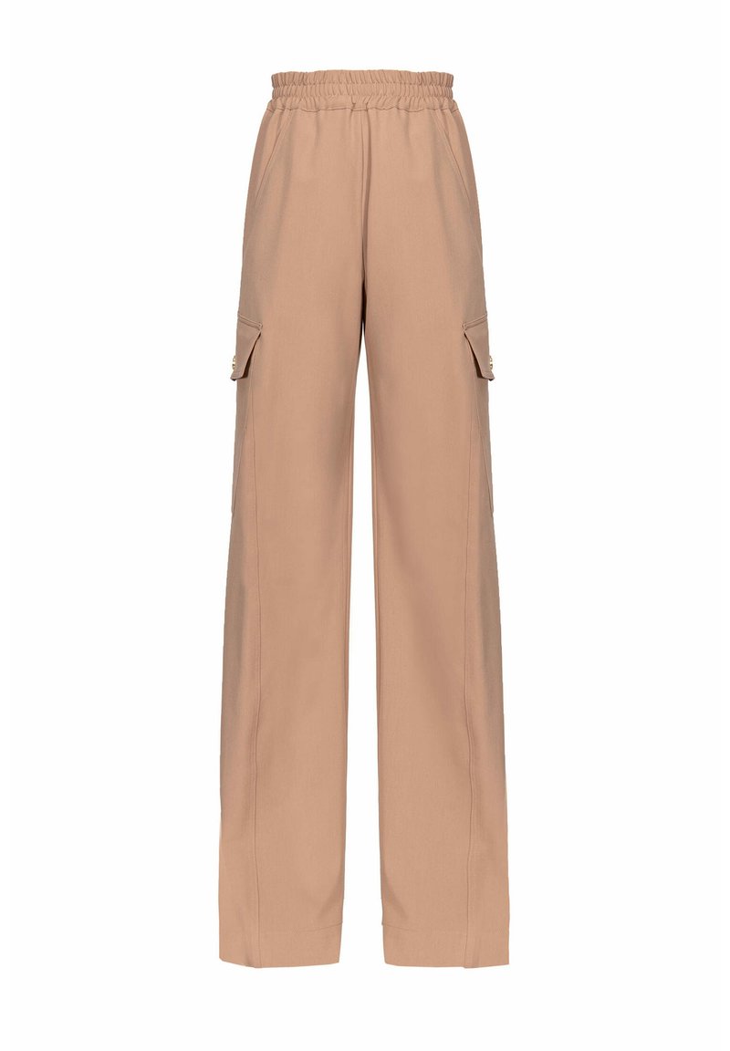 Beige Cargo-Hosen mit weitem Bein, elastischem Bund, Seitentaschen und glatter Stofftextur, die für Komfort und Funktionalität entwickelt wurden.