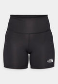Schwarze Sportshorts aus dehnbarem Material, mit einem hohen Bund und dem weißen Logo von The North Face auf der unteren rechten Seite.