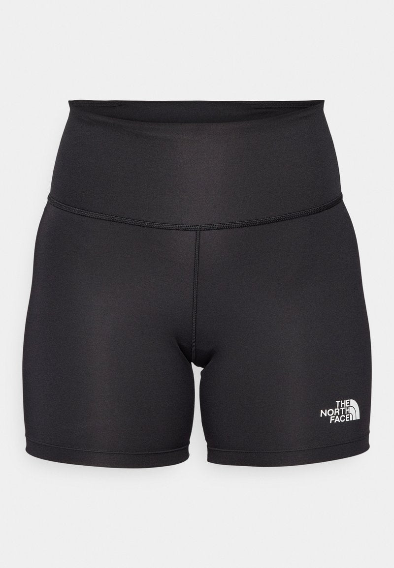 Schwarze Sportshorts aus dehnbarem Material, mit einem hohen Bund und dem weißen Logo von The North Face auf der unteren rechten Seite.