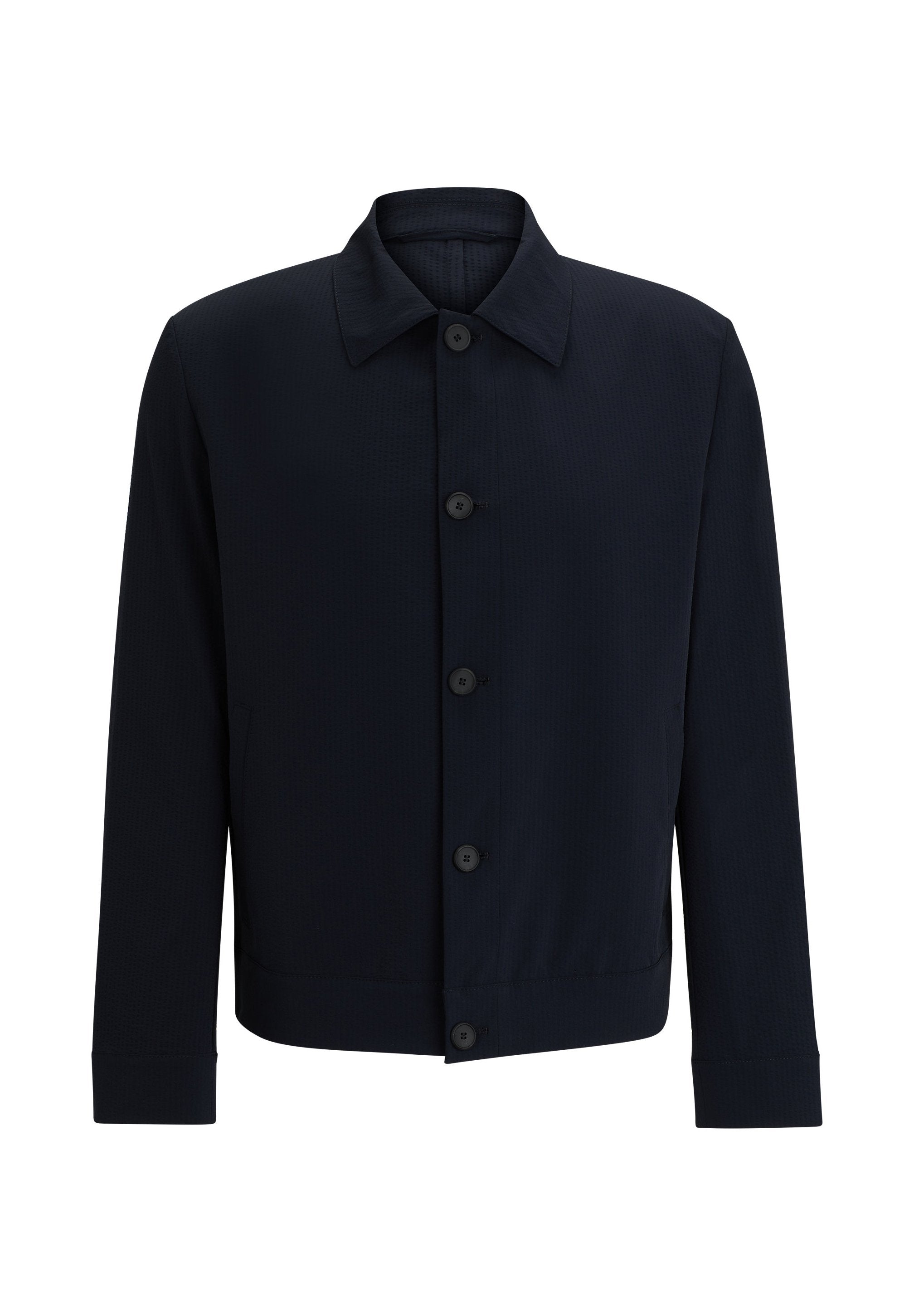Marineblaue Jacke, leichtes Material, klassischer Kragen, fünf vordere Knöpfe, zwei Seiten Taschen, minimalistisches Design, glatte Textur.