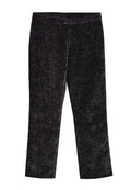 Schwarze, strukturierte Hose mit geradem Schnitt. Elastischer Bund und subtile Unterschiede in der Stoffstruktur.