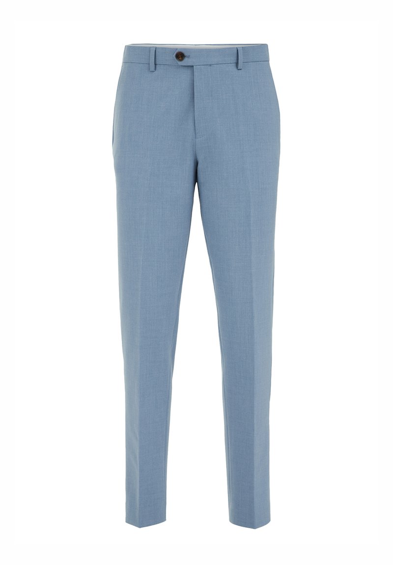 Hellblaue, maßgeschneiderte Hose mit flachem Frontdesign, schmaler Passform, einem Knopfverschluss und minimaler Textur.