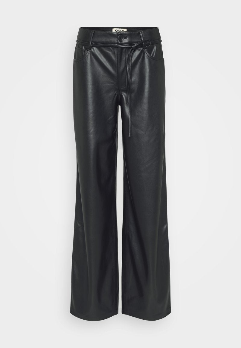 Schwarze Fake-Leder-Hose im weiten Schnitt mit hoher Taille, ausgestattet mit einer Bindegürtel-Detail und Taschen auf beiden Seiten. Glatte Textur.