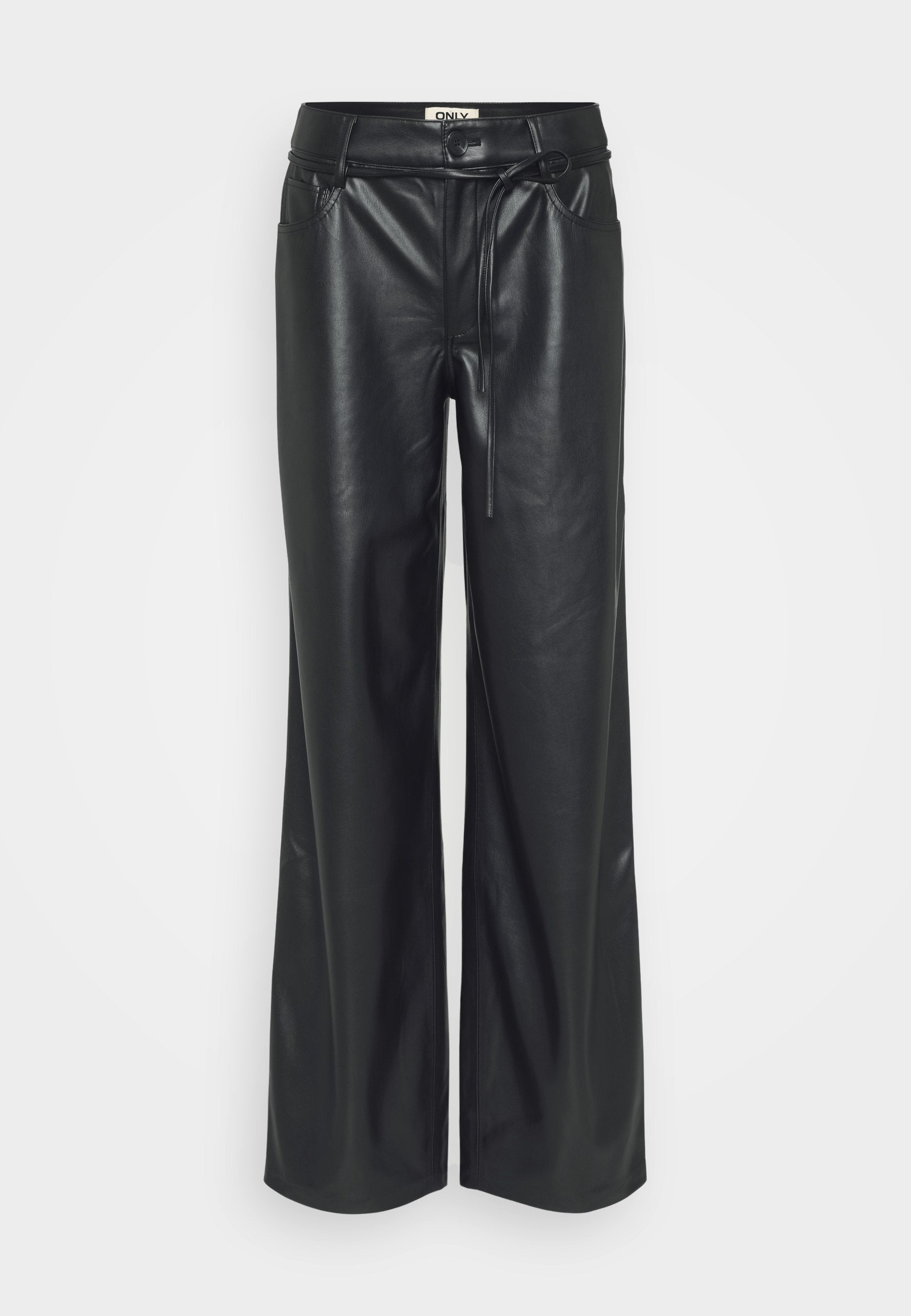 Schwarze Fake-Leder-Hose im weiten Schnitt mit hoher Taille, ausgestattet mit einer Bindegürtel-Detail und Taschen auf beiden Seiten. Glatte Textur.