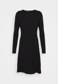 Schwarzes Kleid mit langen Ärmeln, rundem Ausschnitt und figurbetontem Schnitt. Hergestellt aus weichem Stoff, zeichnet sich durch eine glatte Textur und einen knielangen Saum aus.