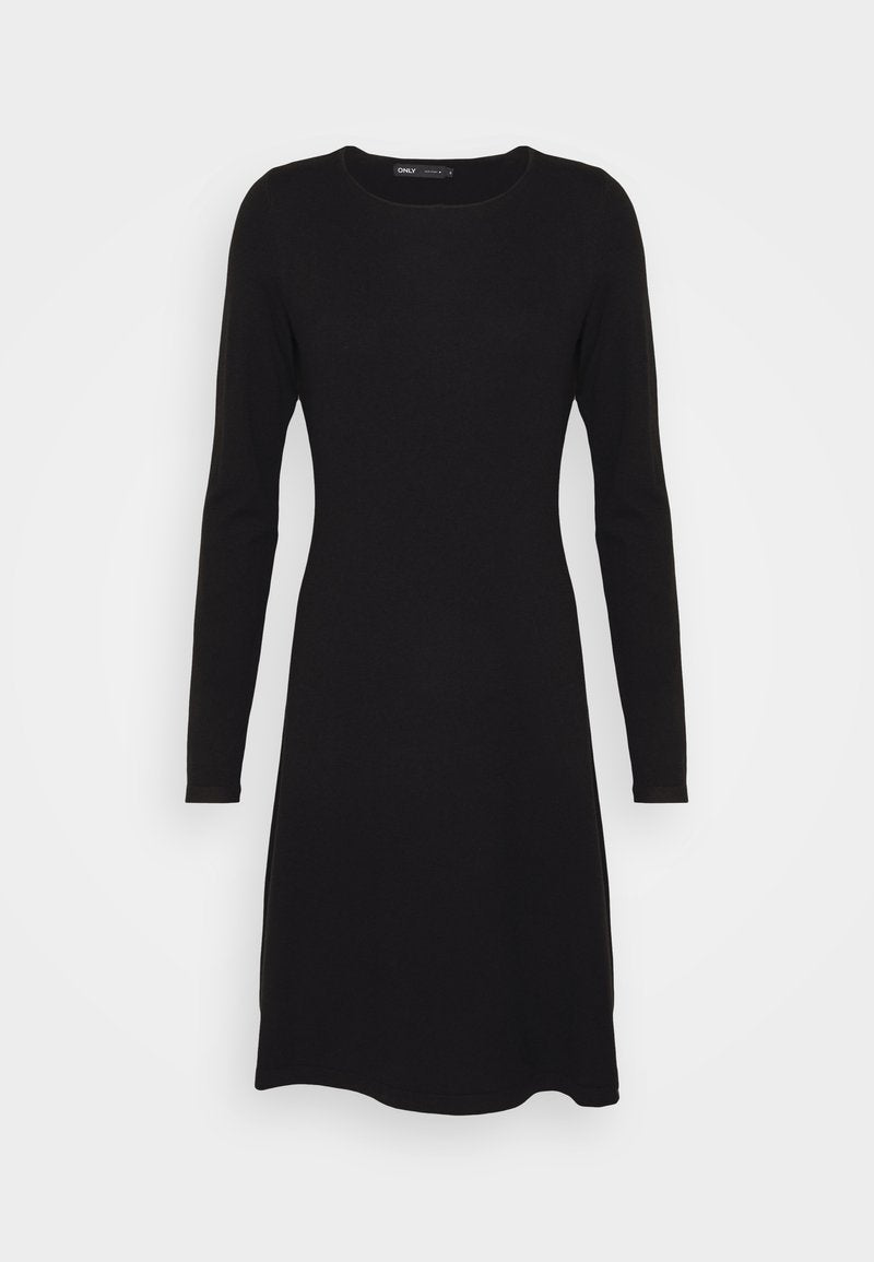 Schwarzes Kleid mit langen Ärmeln, rundem Ausschnitt und figurbetontem Schnitt. Hergestellt aus weichem Stoff, zeichnet sich durch eine glatte Textur und einen knielangen Saum aus.
