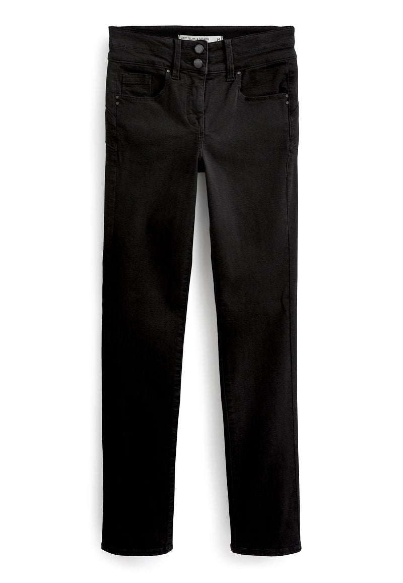 Schwarze enge Jeans aus Denim mit mittelhoher Taille, Vorderfächern und einer glatten Textur. Das Design umfasst einen Knopfverschluss und Gürtelschlaufen.