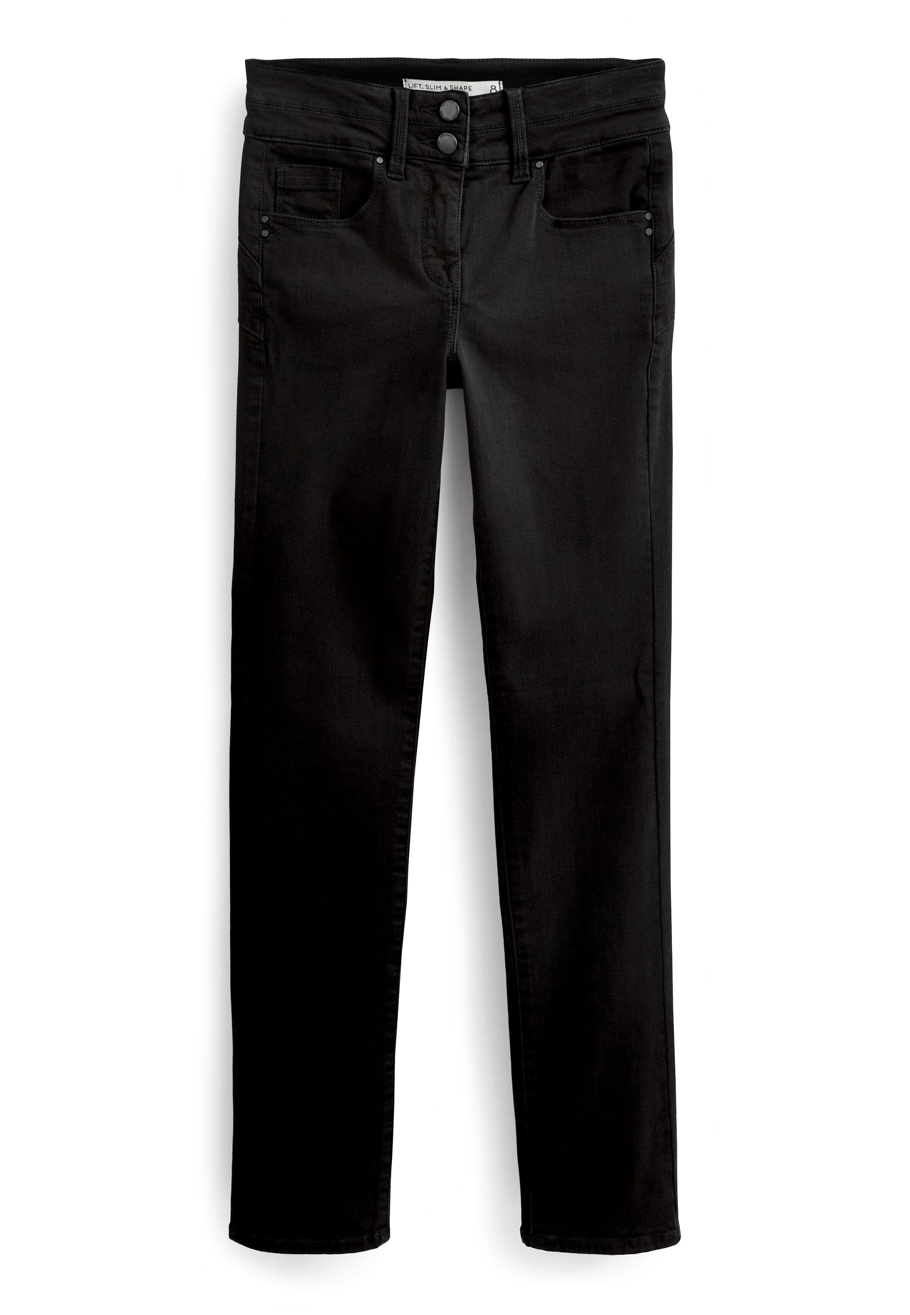Schwarze enge Jeans aus Denim mit mittelhoher Taille, Vorderfächern und einer glatten Textur. Das Design umfasst einen Knopfverschluss und Gürtelschlaufen.