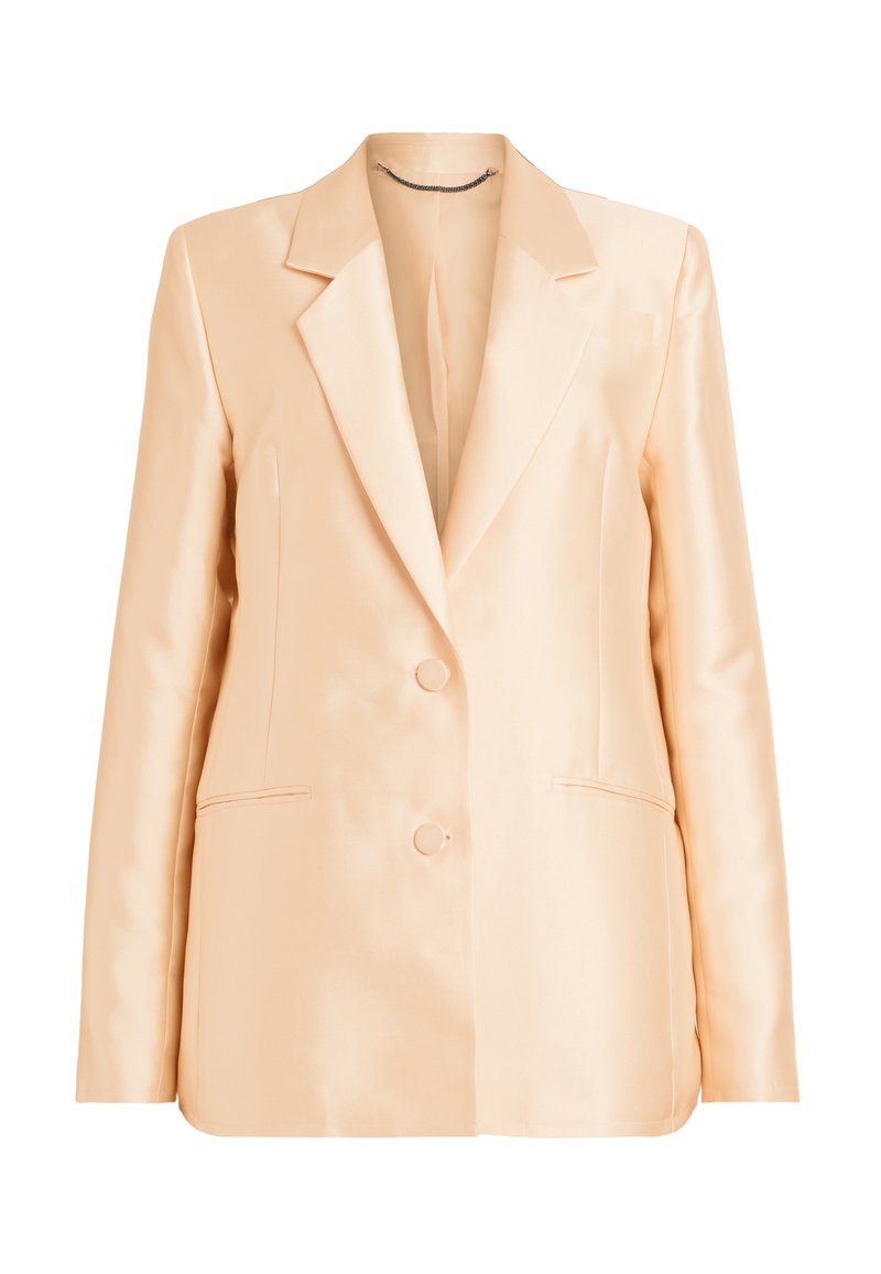 Pfirsichfarbenes Satin-Blazer mit Reverskragen, doppelter Knopfverschluss und seitlichen Taschen. Glatte Textur und taillierte Passform.