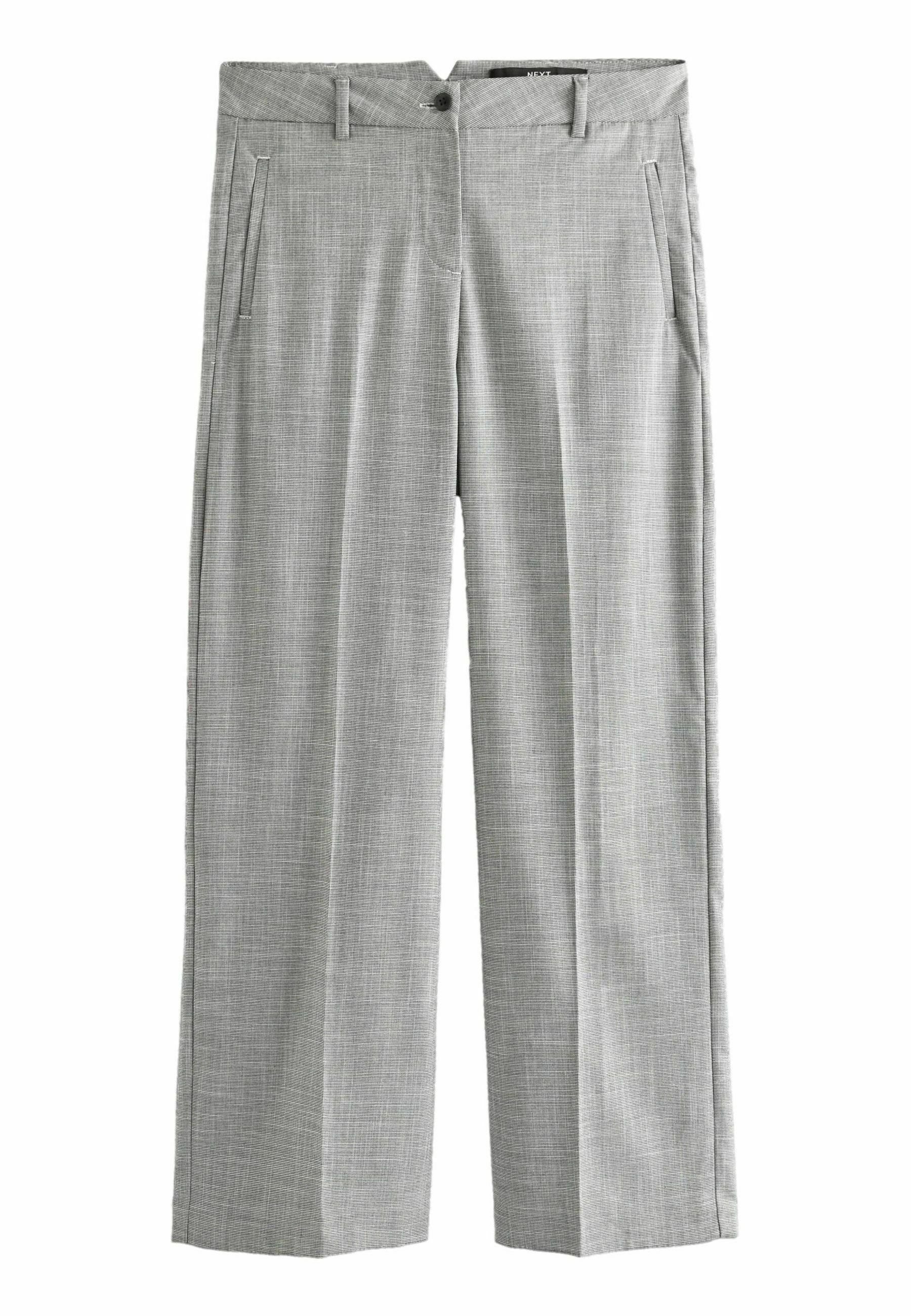 Graue Karohose mit lockerer Passform, flachem Frontdesign, zwei seitlichen Taschen und einem einzelnen Knopfverschluss an der Taille. Glatte Stofftextur.