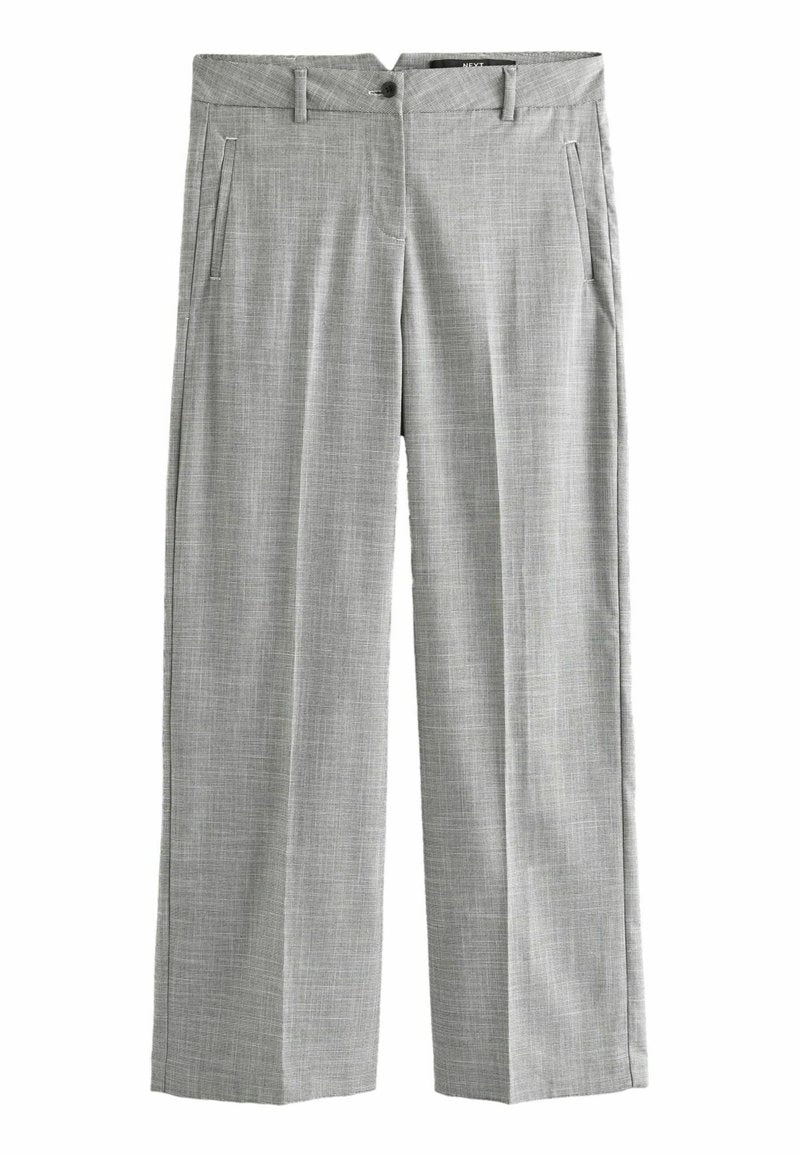 Graue Karohose mit lockerer Passform, flachem Frontdesign, zwei seitlichen Taschen und einem einzelnen Knopfverschluss an der Taille. Glatte Stofftextur.